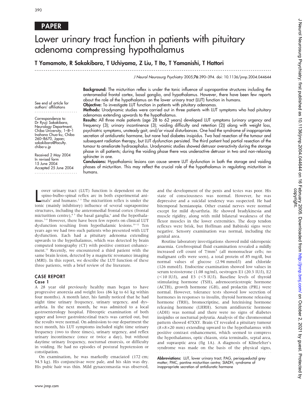 Lower Urinary Tract Function in Patients with Pituitary Adenoma