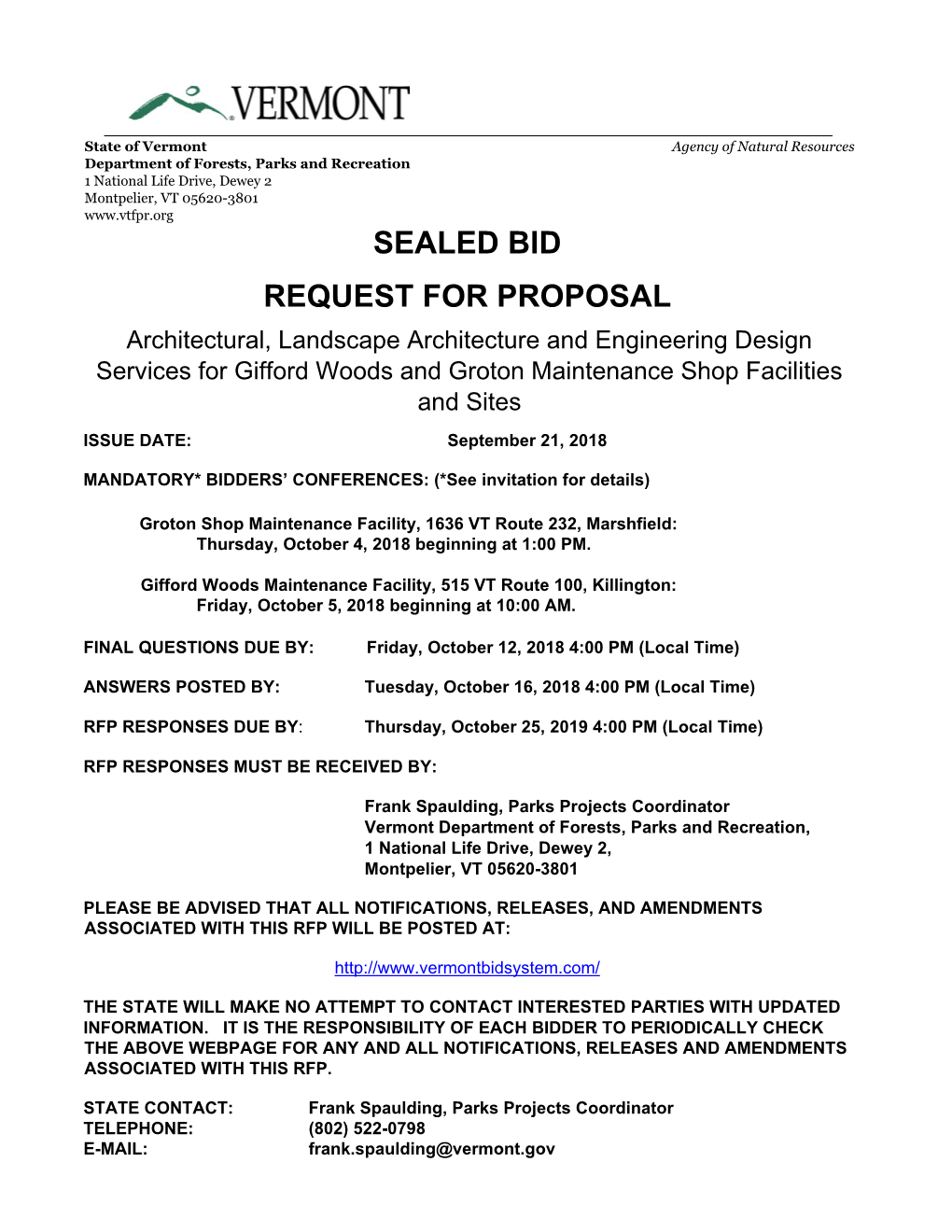 Agency of Natural Resources Department of Forests, Parks and Recreation 1 National Life Drive, Dewey 2 Montpelier, VT 05620-3801 SEALED BID