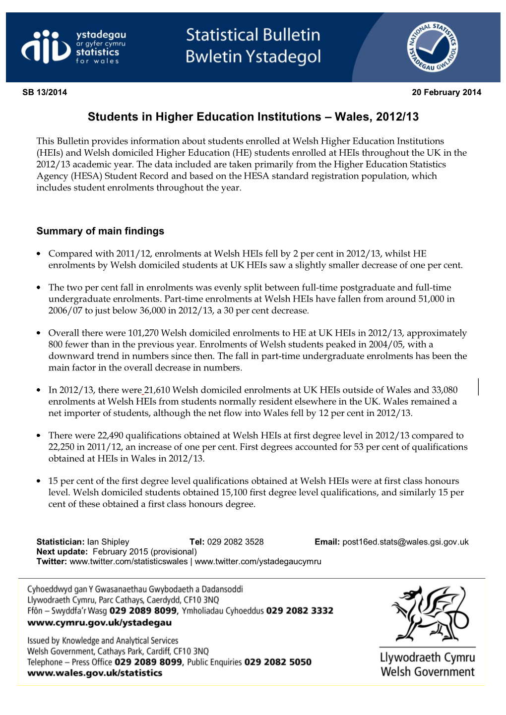 SB 13/2014 Students in Higher Education Institutions, 2012/13