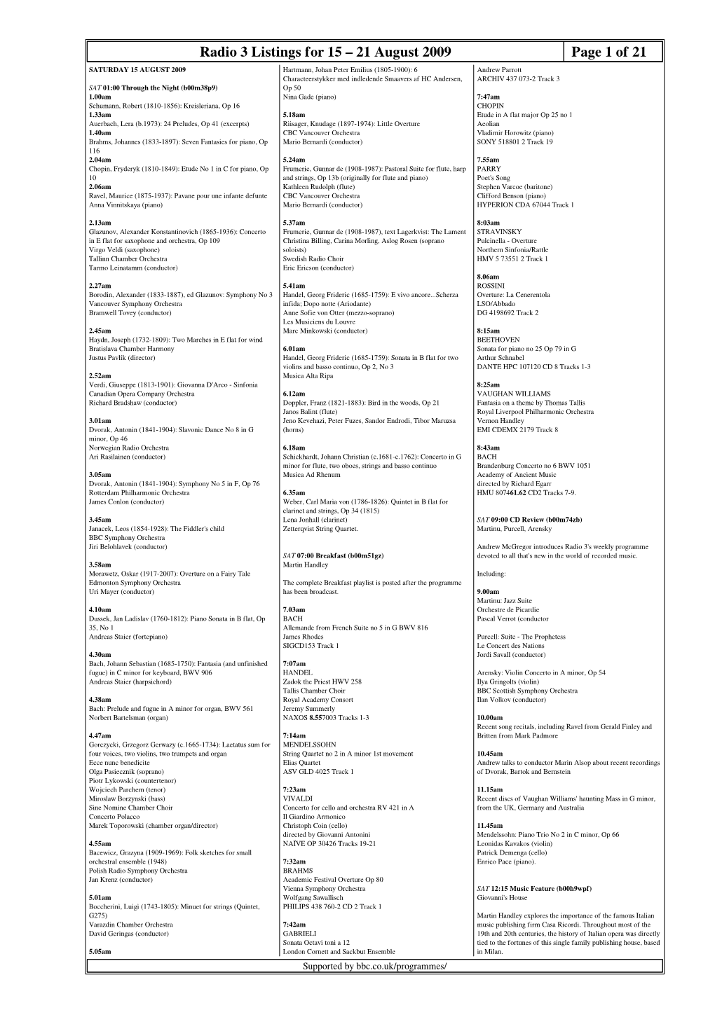 Radio 3 Listings for 15 – 21 August 2009 Page 1