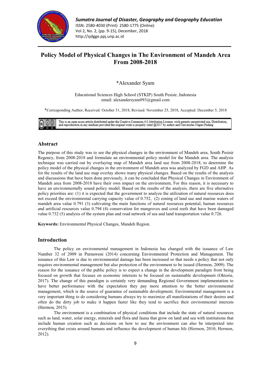 Policy Model of Physical Changes in the Environment of Mandeh Area from 2008-2018