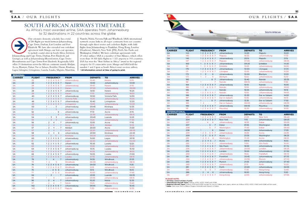 South African Airways Timetable