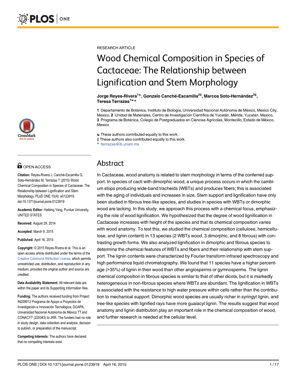 Wood Chemical Composition in Species of Cactaceae: the Relationship Between Lignification and Stem Morphology
