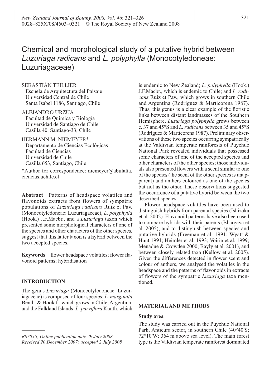 Chemical and Morphological Study of a Putative Hybrid Between Luzuriaga Radicans and L. Polyphylla (Monocotyledoneae: Luzuriagaceae)