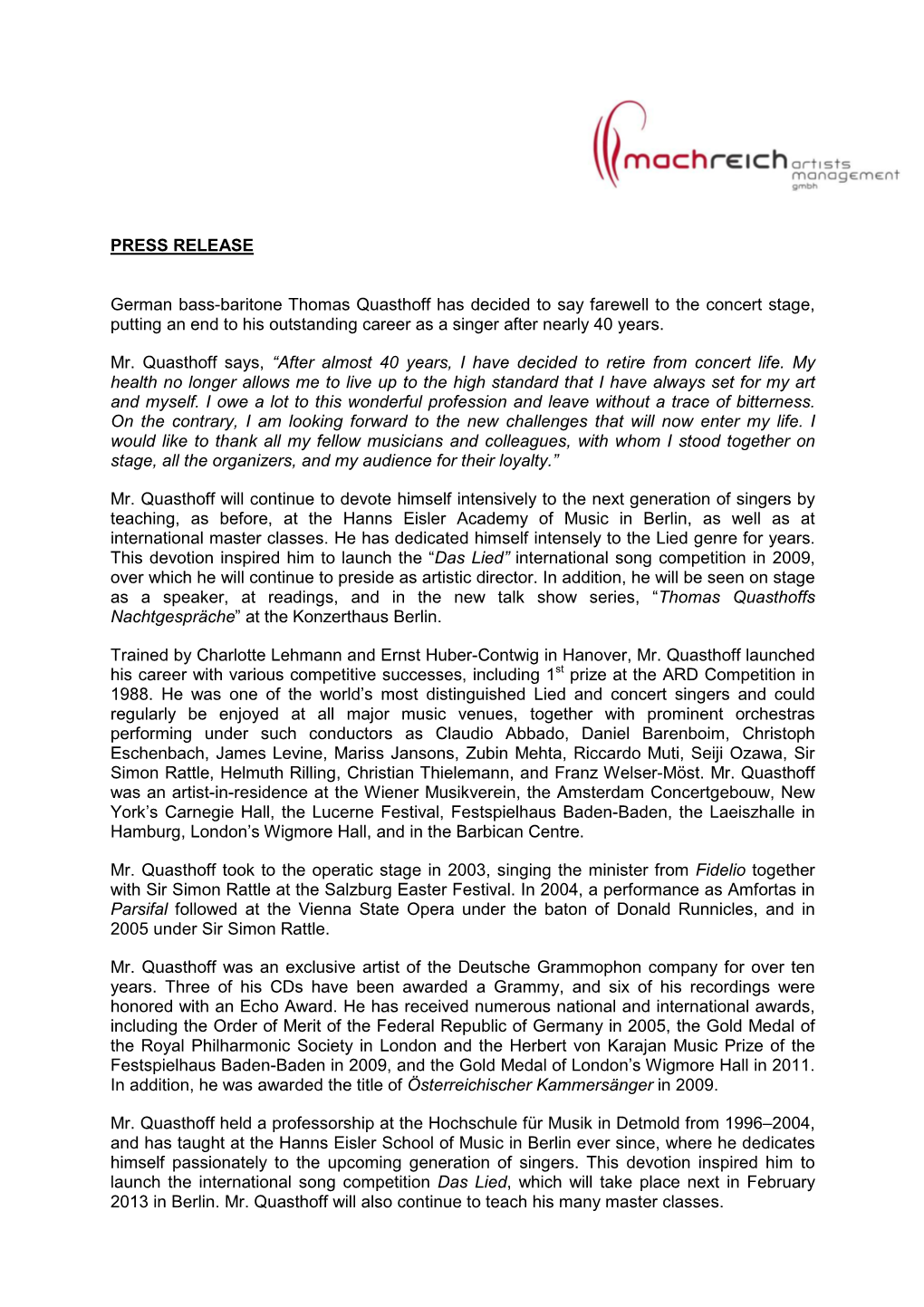 Press Release THOMAS QUASTHOFF