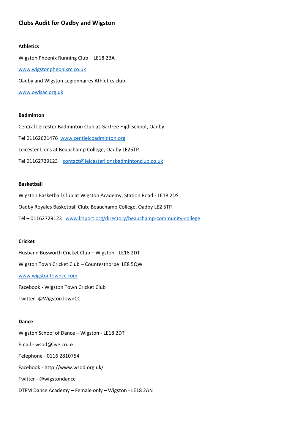 Clubs Audit for Oadby and Wigston