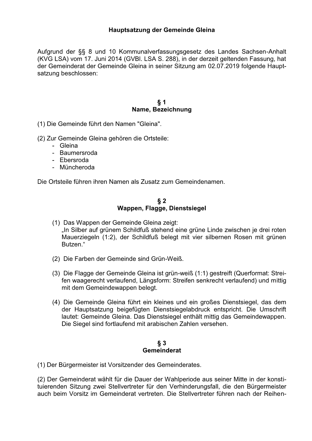 Hauptsatzung Der Gemeinde Gleina Aufgrund Der §§ 8 Und 10 Kommunalverfassungsgesetz Des Landes Sachsen-Anhalt