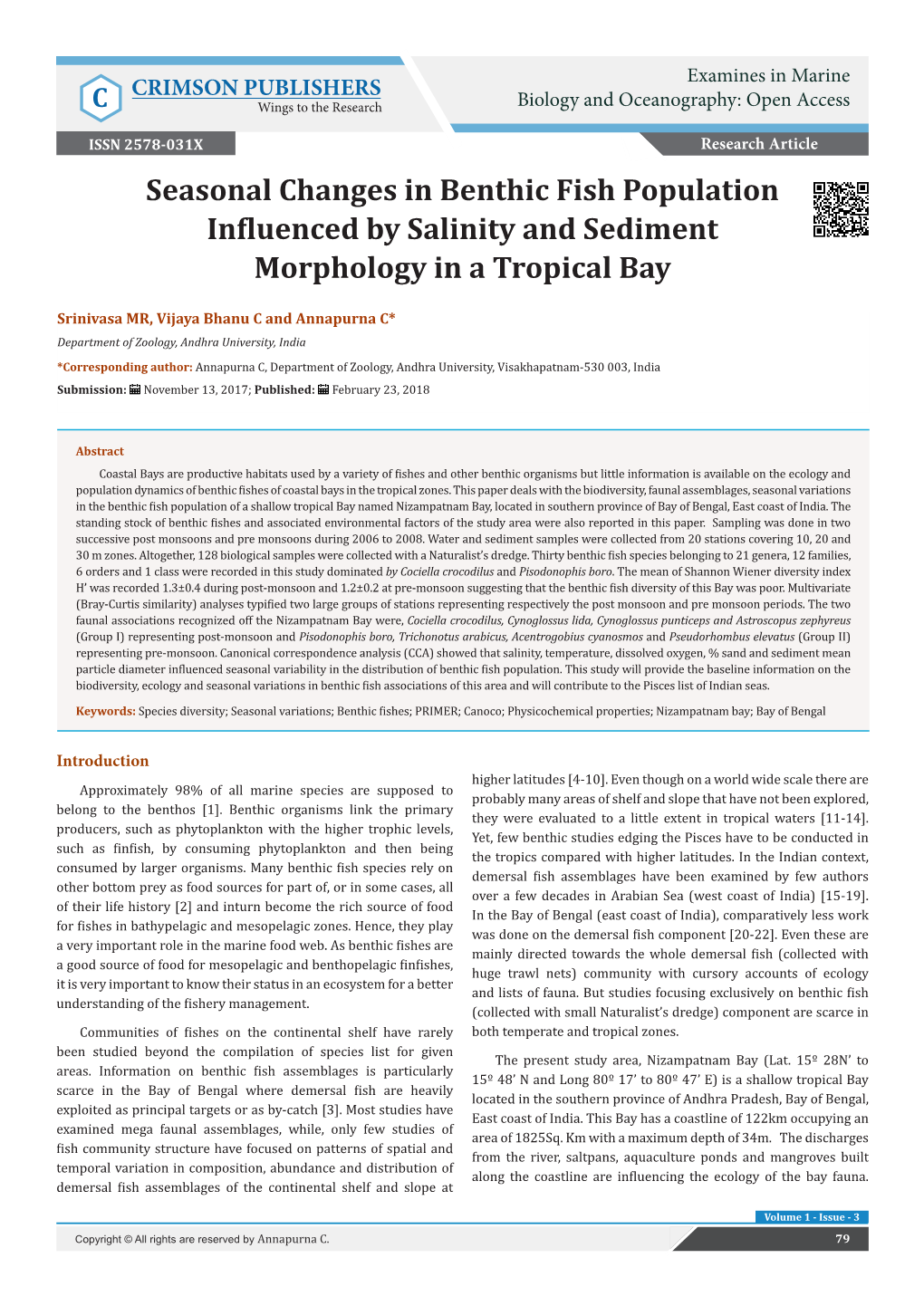 Seasonal Changes in Benthic Fish Population Influenced by Salinity and Sediment Morphology in a Tropical Bay