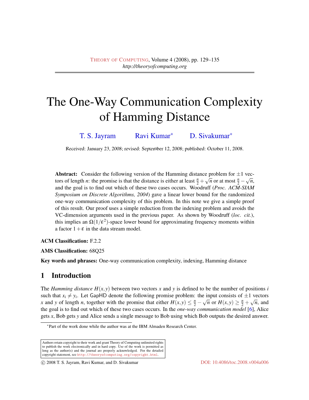 The One-Way Communication Complexity of Hamming Distance