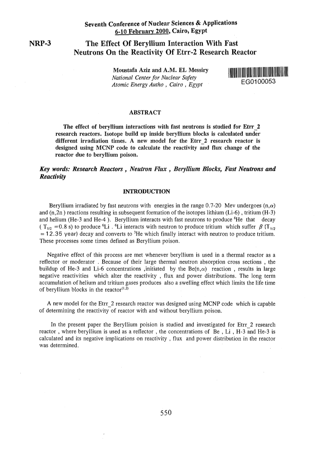 NRP-3 the Effect of Beryllium Interaction with Fast Neutrons on the Reactivity of Etrr-2 Research Reactor