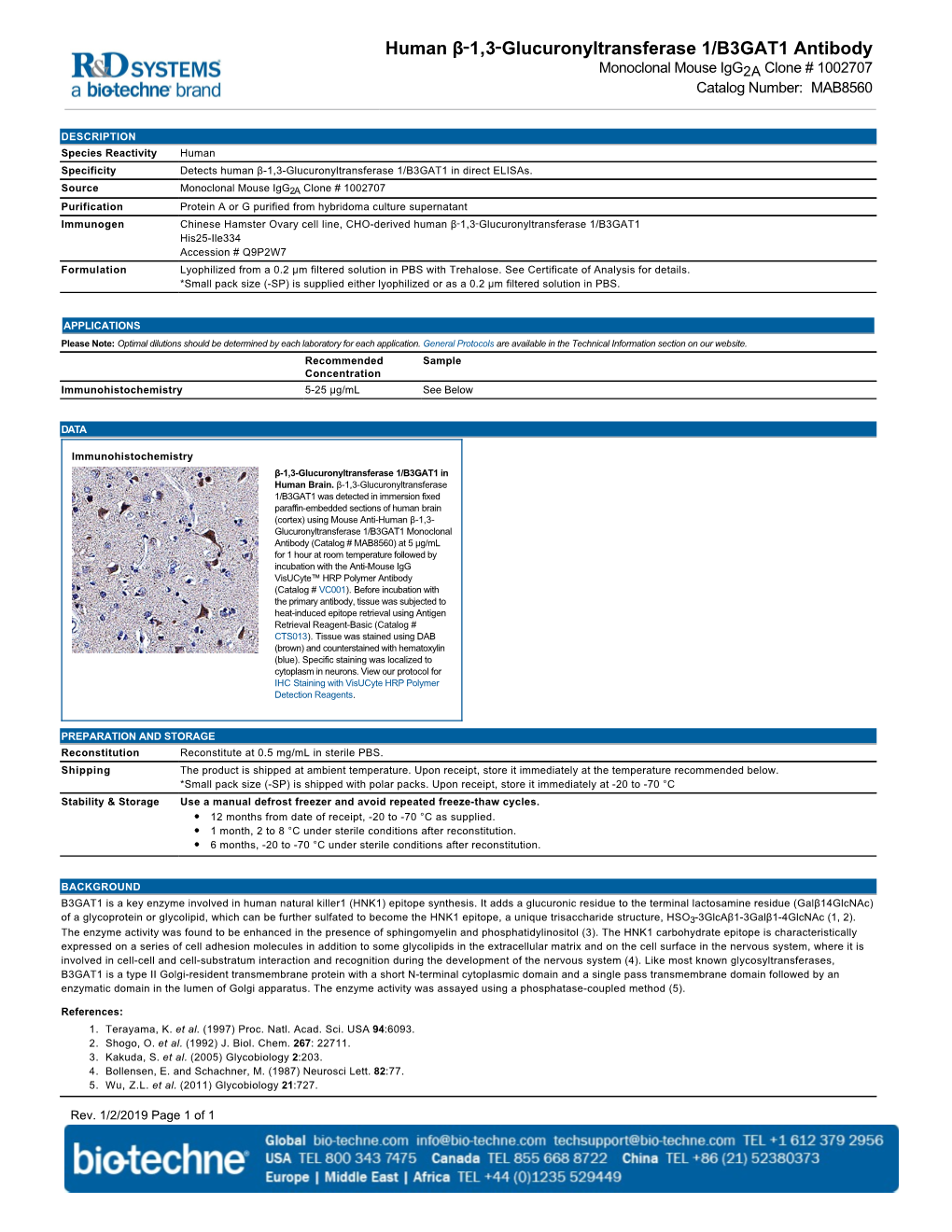 Human Β‑1,3‑Glucuronyltransferase 1/B3GAT1 Antibody Monoclonal Mouse Igg2a Clone # 1002707 Catalog Number: MAB8560