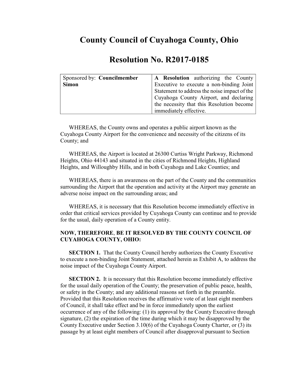 County Council of Cuyahoga County, Ohio Resolution No. R2017-0185