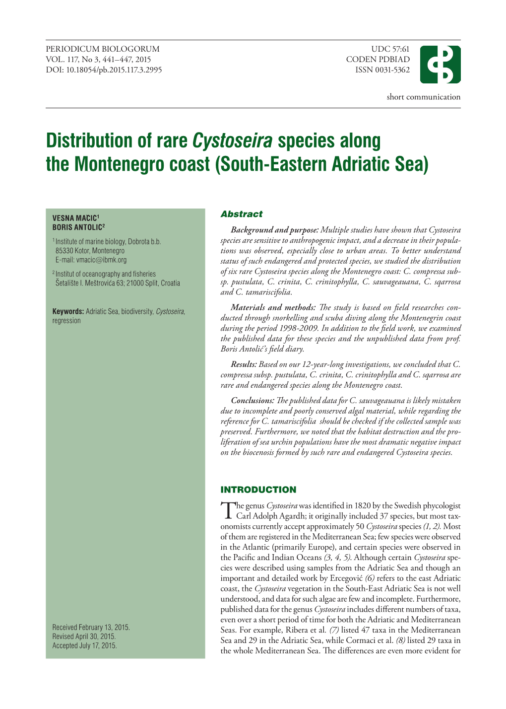 Distribution of Rare Cystoseira Species Along the Montenegro Coast (South-Eastern Adriatic Sea)