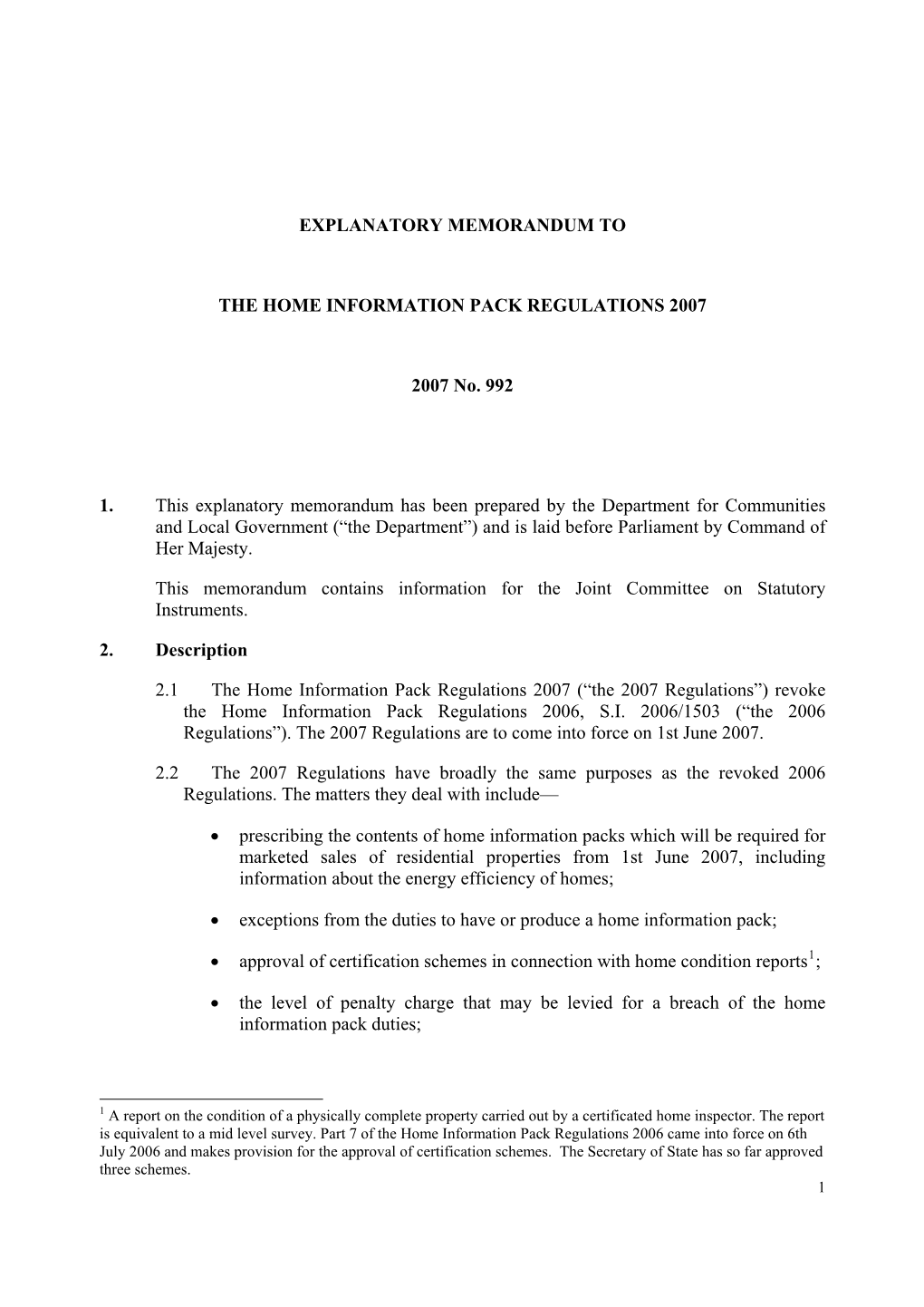 Explanatory Memorandum to the Home Information Pack