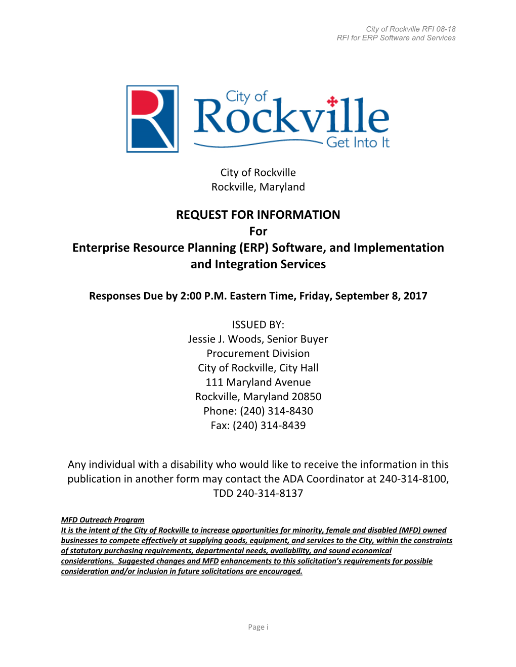 REQUEST for INFORMATION for Enterprise Resource Planning (ERP) Software, and Implementation and Integration Services