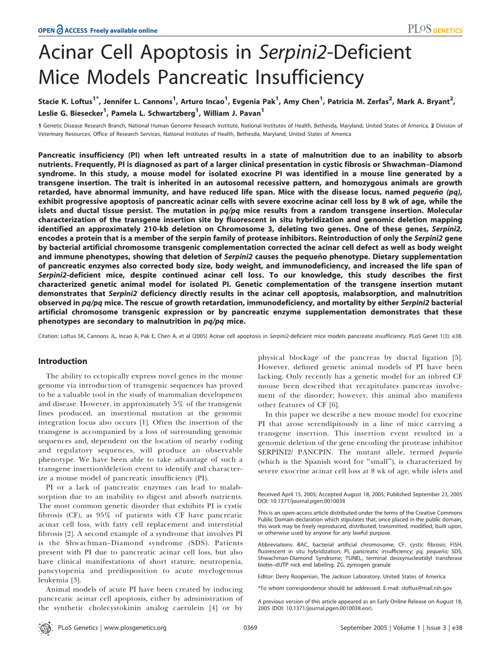 Acinar Cell Apoptosis in Serpini2-Deficient Mice Models Pancreatic Insufficiency