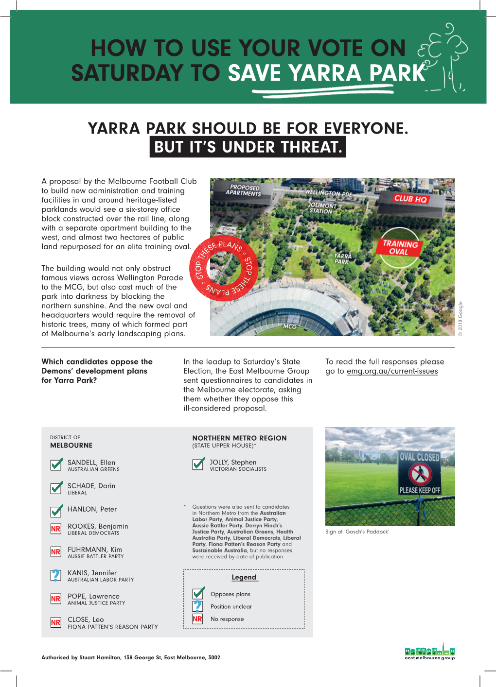 East Melbourne Group Yarra Park Election Flyer