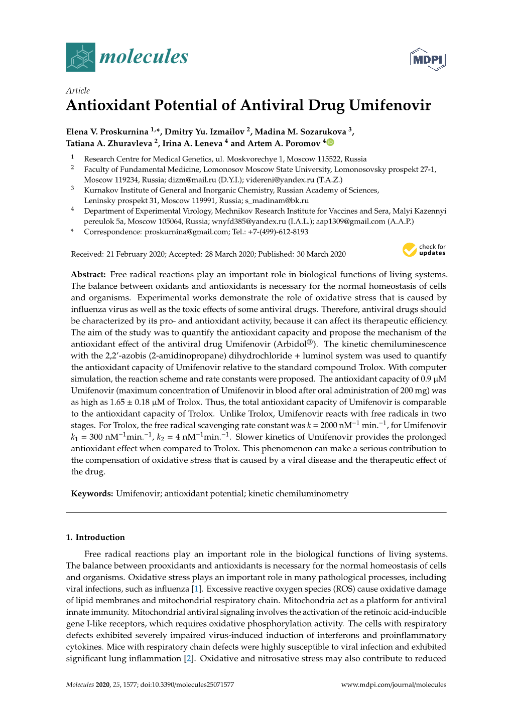 Antioxidant Potential of Antiviral Drug Umifenovir