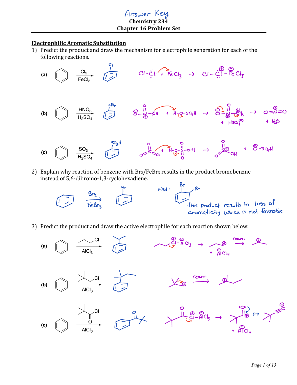 Chemistry 234 Chapter 16 Problem Set Electrophilic Aromatic