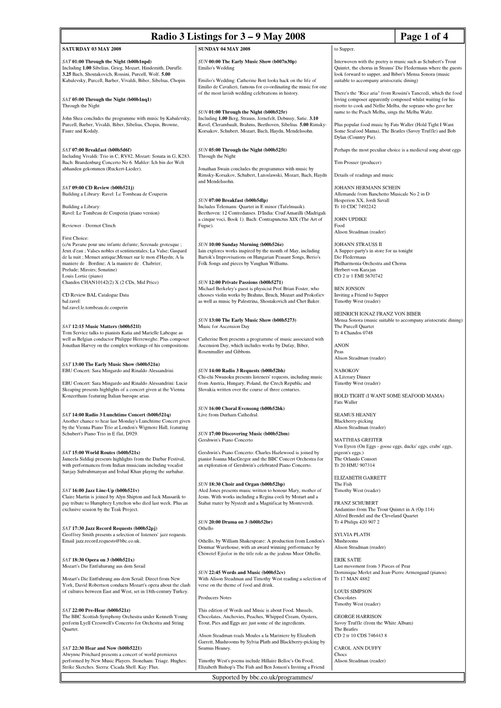 Radio 3 Listings for 3 – 9 May 2008 Page 1 of 4 SATURDAY 03 MAY 2008 SUNDAY 04 MAY 2008 to Supper