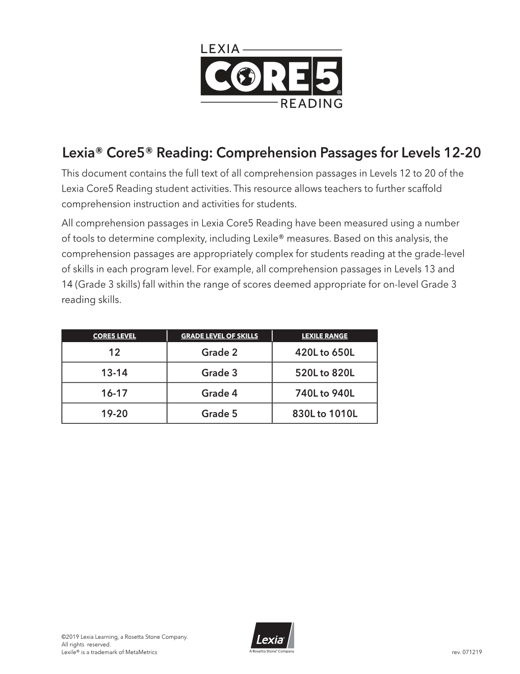 Lexia® Core5® Reading: Comprehension Passages for Levels 12-20