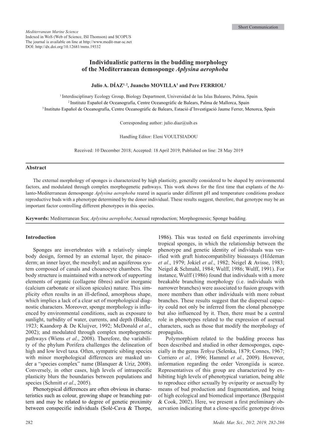 Individualistic Patterns in the Budding Morphology of the Mediterranean Demosponge Aplysina Aerophoba