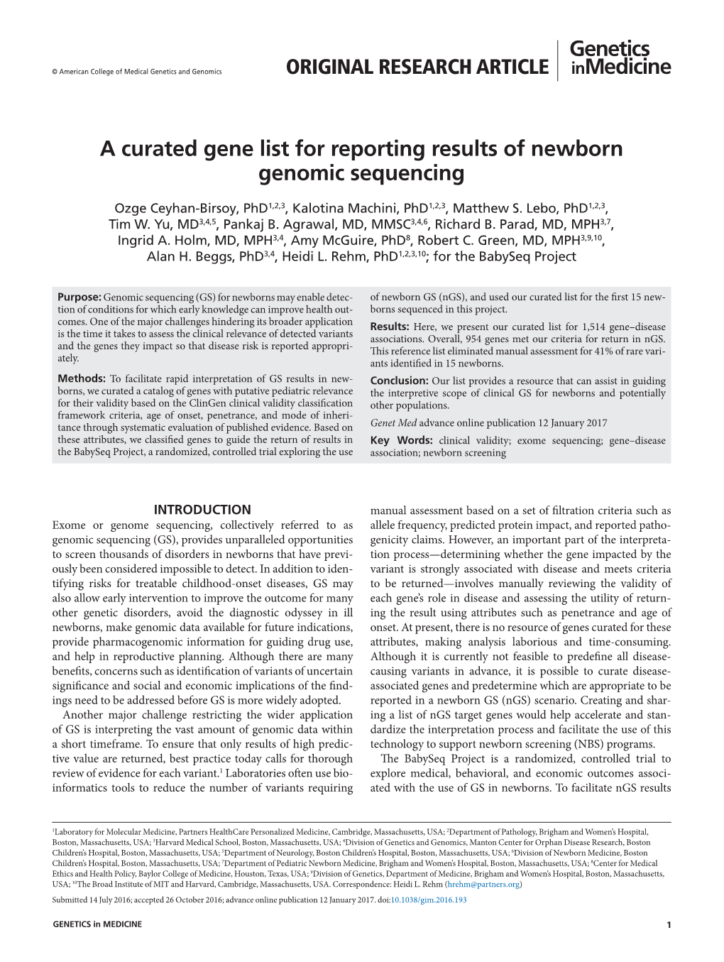 A Curated Gene List for Reporting Results of Newborn Genomic Sequencing