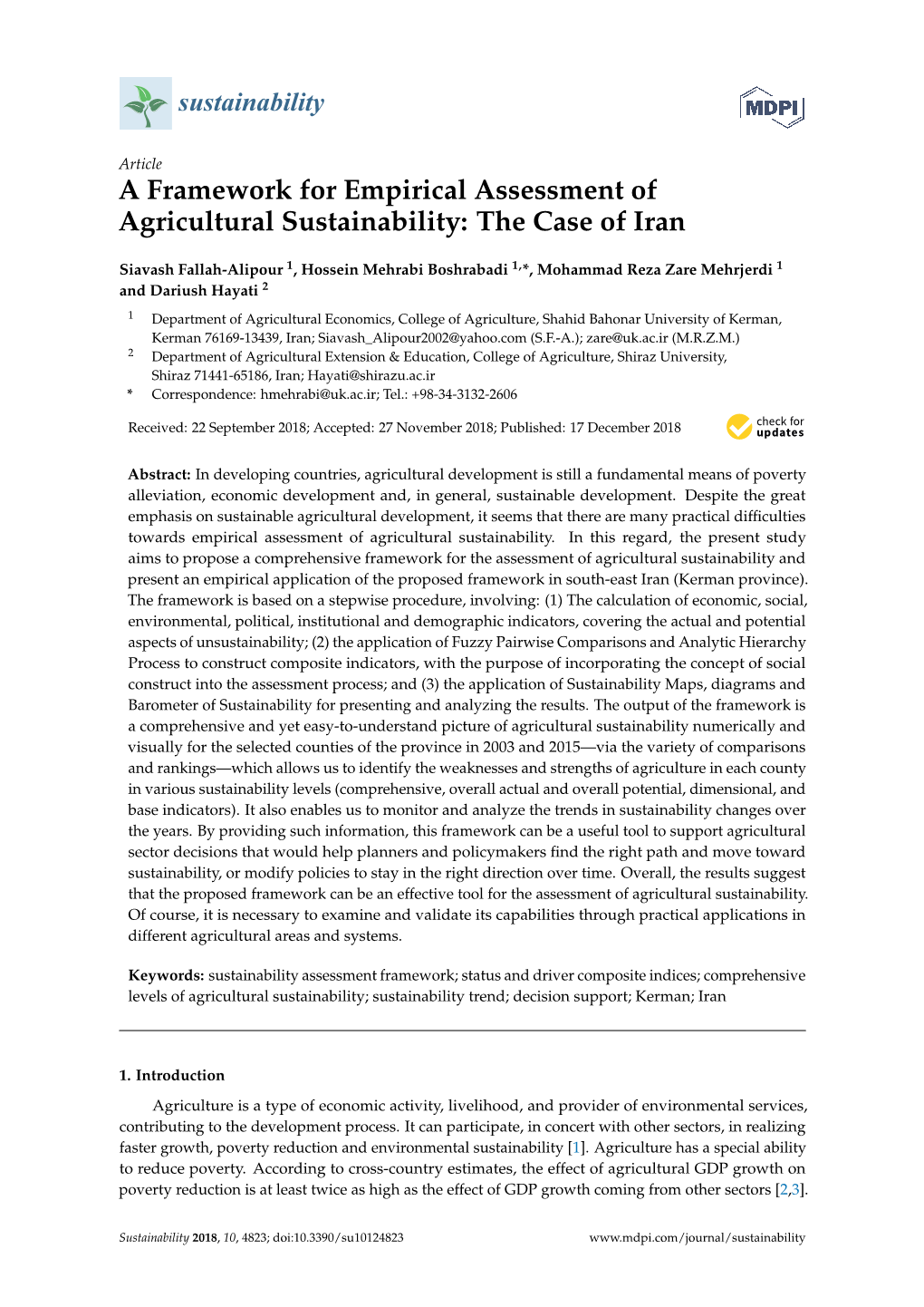 A Framework for Empirical Assessment of Agricultural Sustainability: the Case of Iran