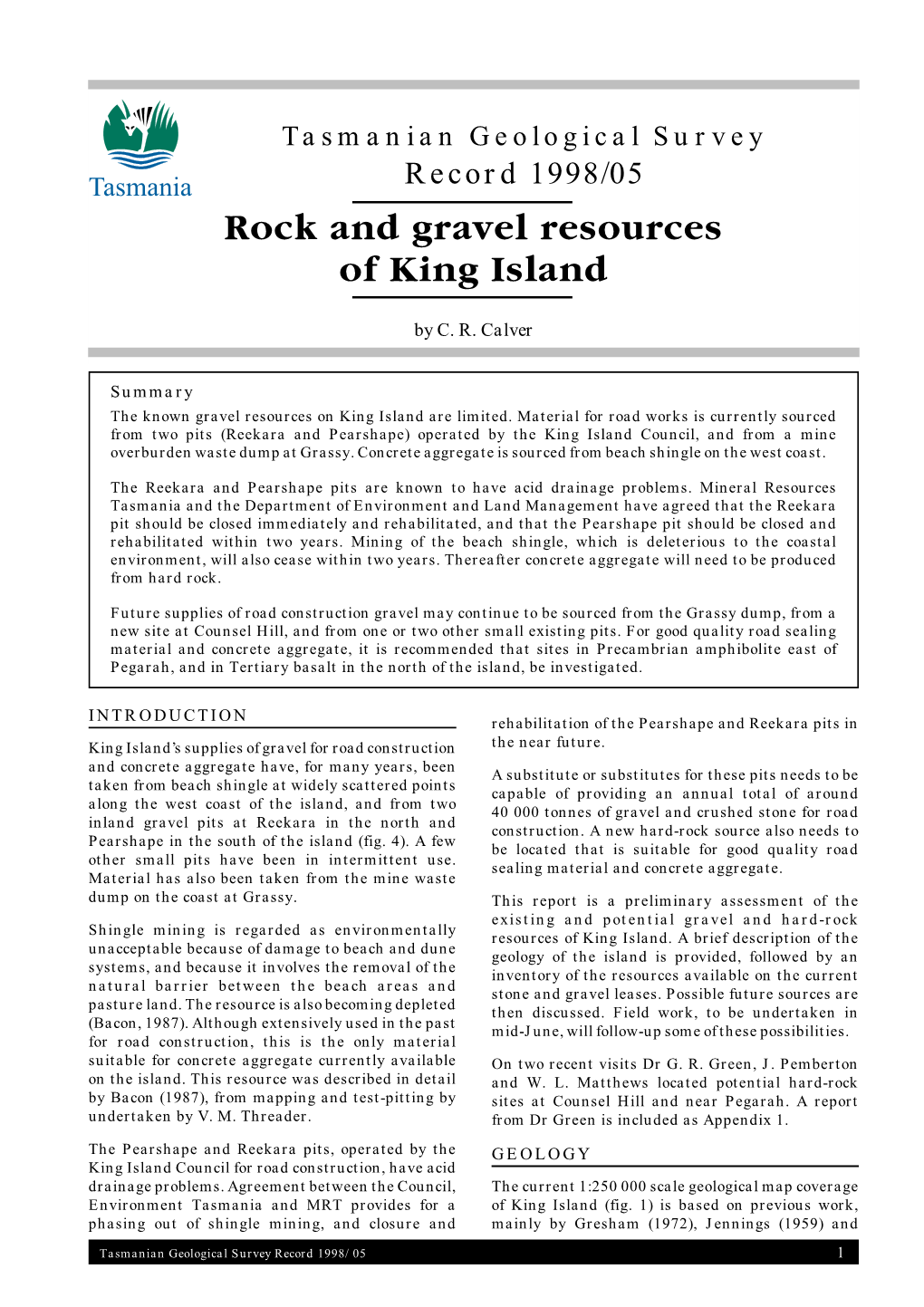 Rock and Gravel Resources of King Island