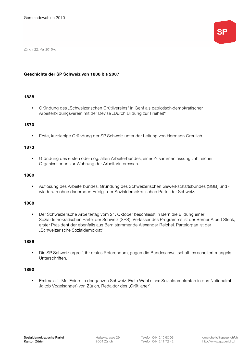 Geschichte Der SP Schweiz Von 1838 Bis 2007 1838 • Gründung