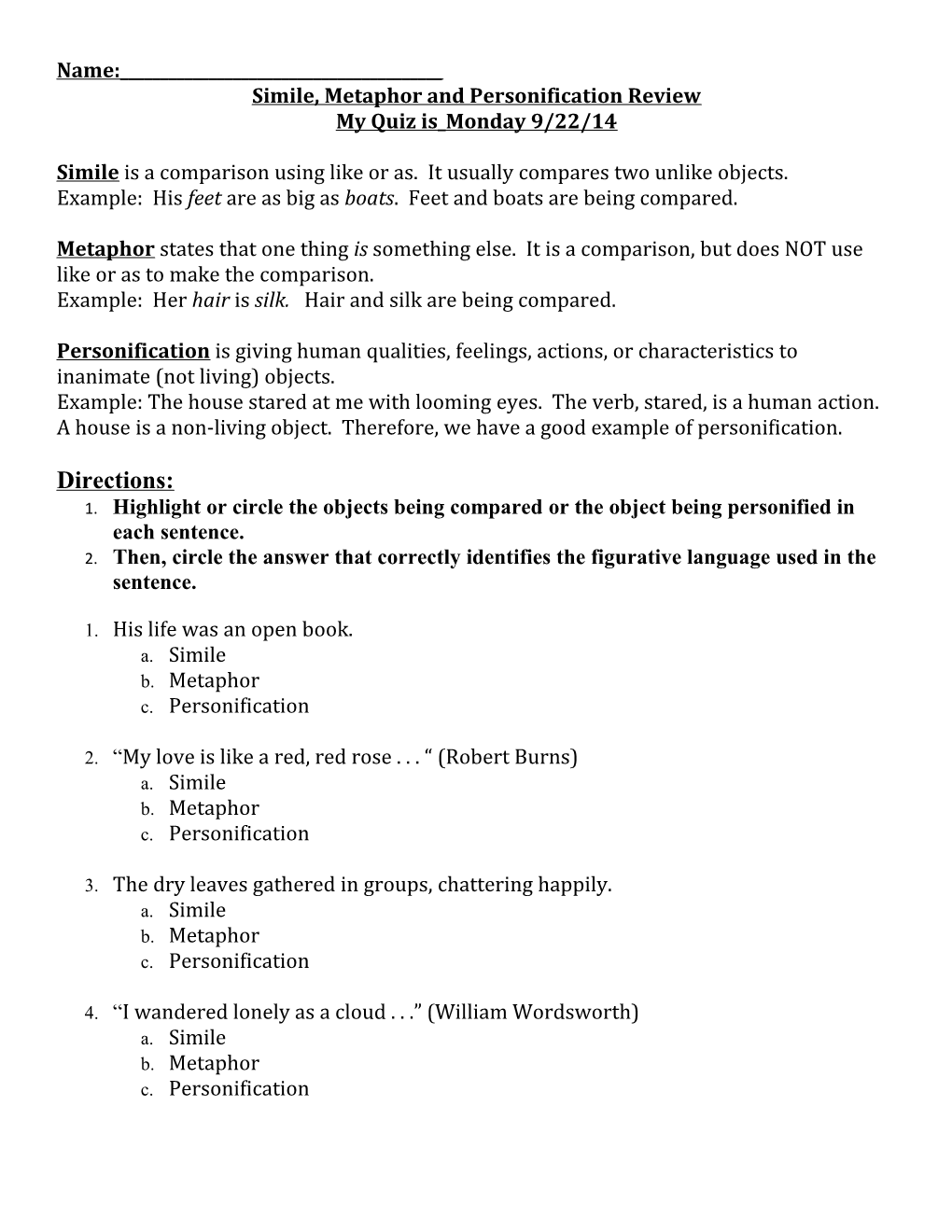 Simile, Metaphor and Personification Worksheet