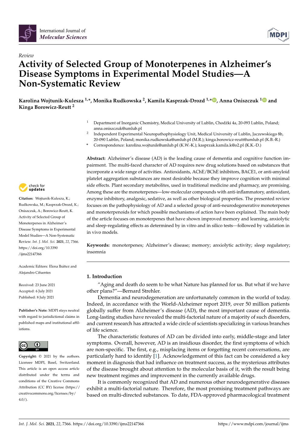 Activity of Selected Group of Monoterpenes in Alzheimer's