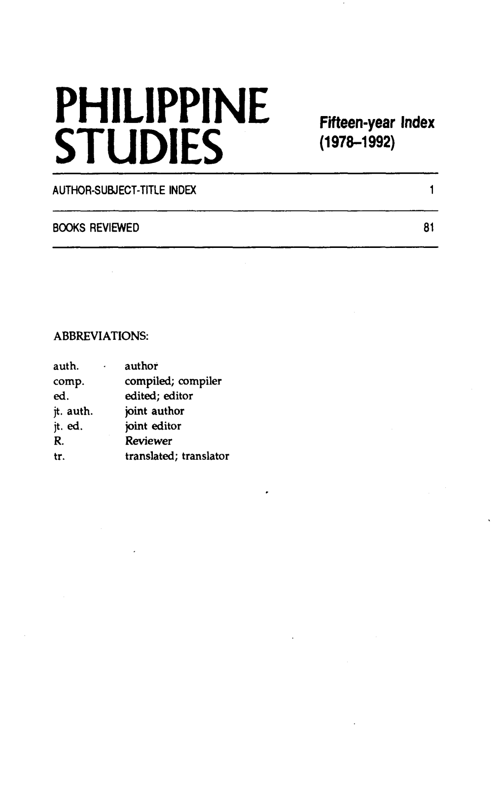 PHILIPPINE Fieen-Yearindex STUDIES (1978-1 992) - - AUTHOR-SUBJECT-TITLE INDEX
