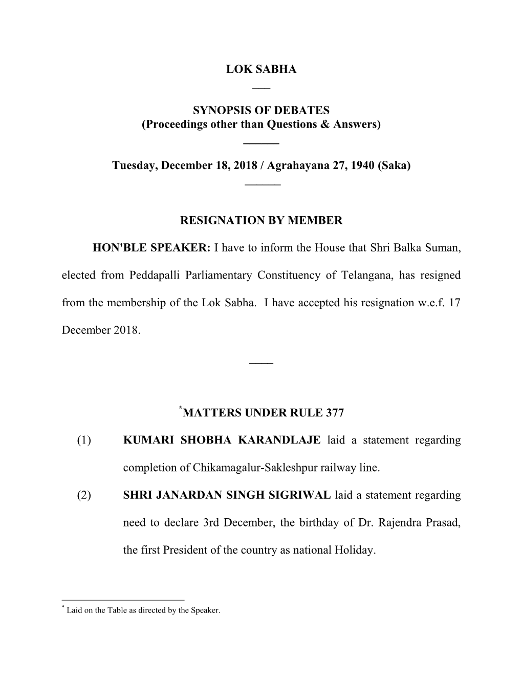 LOK SABHA ___ SYNOPSIS of DEBATES (Proceedings Other Than