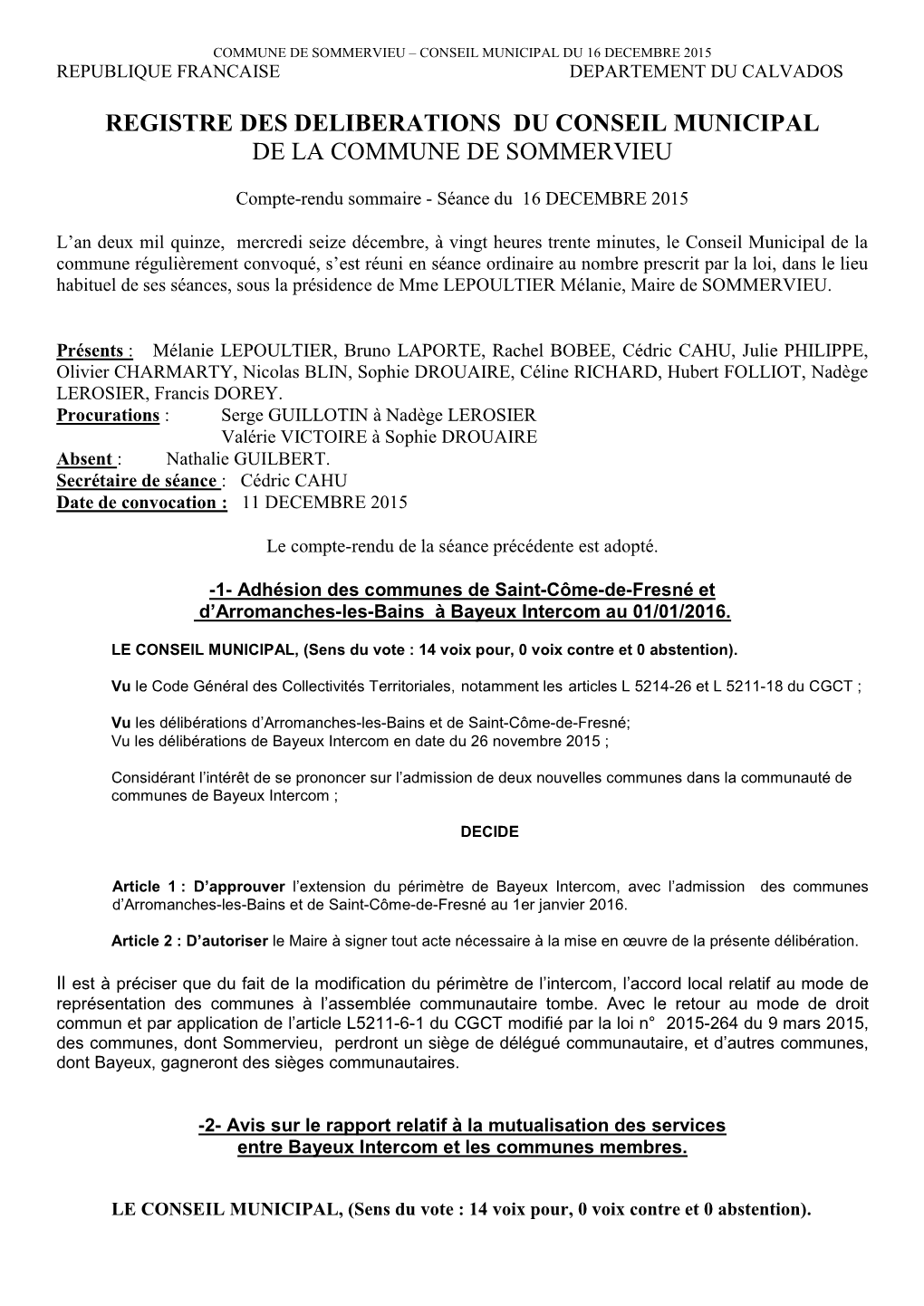 Registre Des Deliberations Du Conseil Municipal De La Commune De Sommervieu