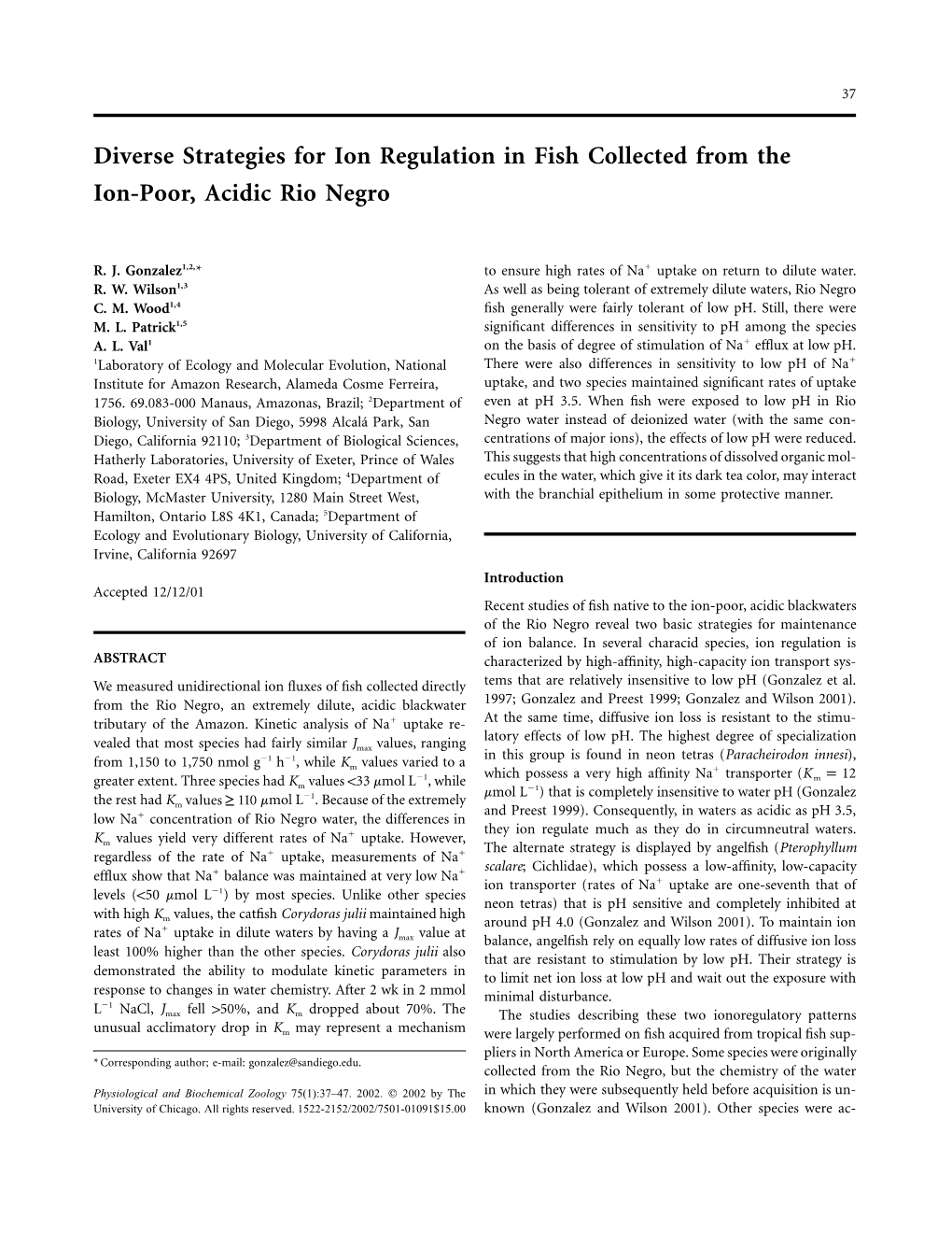 Diverse Strategies for Ion Regulation in Fish Collected from the Ion-Poor, Acidic Rio Negro