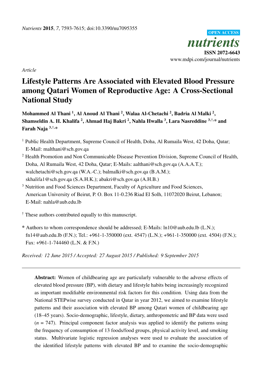 Lifestyle Patterns Are Associated with Elevated Blood Pressure Among Qatari Women of Reproductive Age: a Cross-Sectional National Study