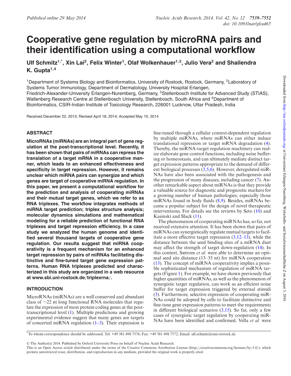 Cooperative Gene Regulation by Microrna Pairs and Their