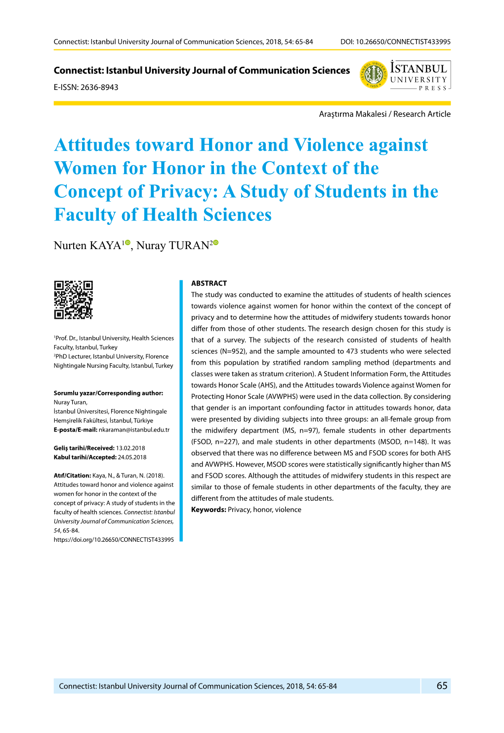 Attitudes Toward Honor and Violence Against Women for Honor in the Context of the Concept of Privacy: a Study of Students in the Faculty of Health Sciences