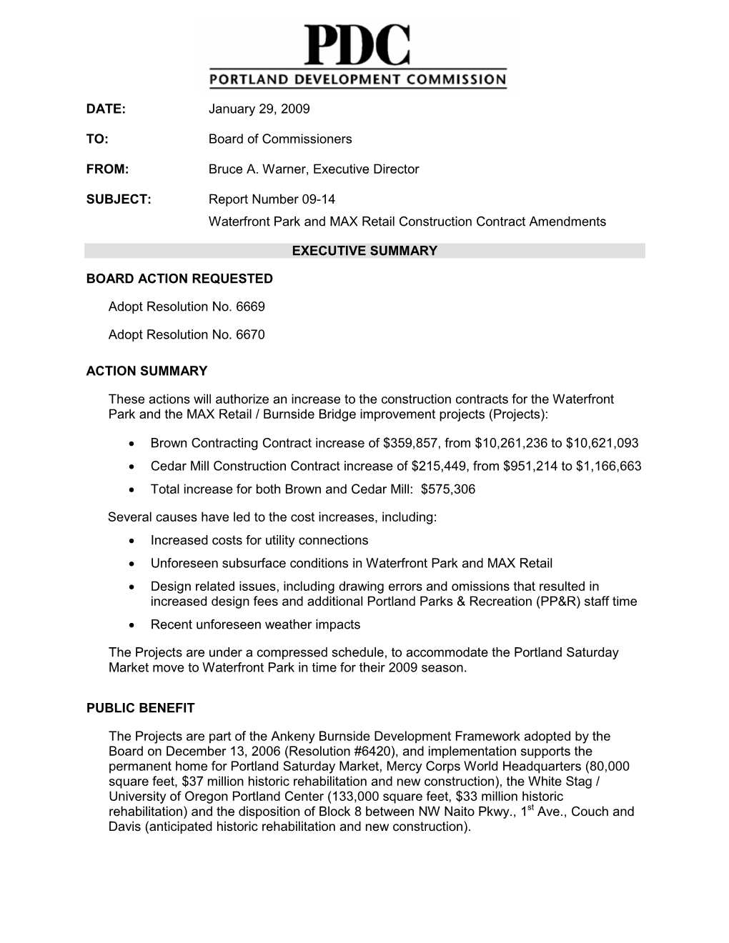 URA FINANCIAL SUMMARY DATE: January 29, 2009 TO: Board Of