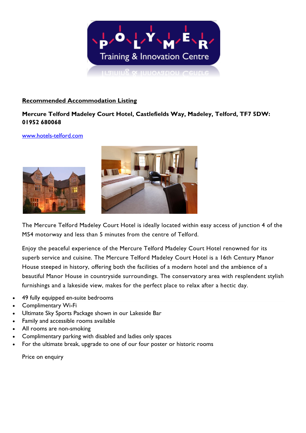 Recommended Accommodation Listing Mercure Telford Madeley