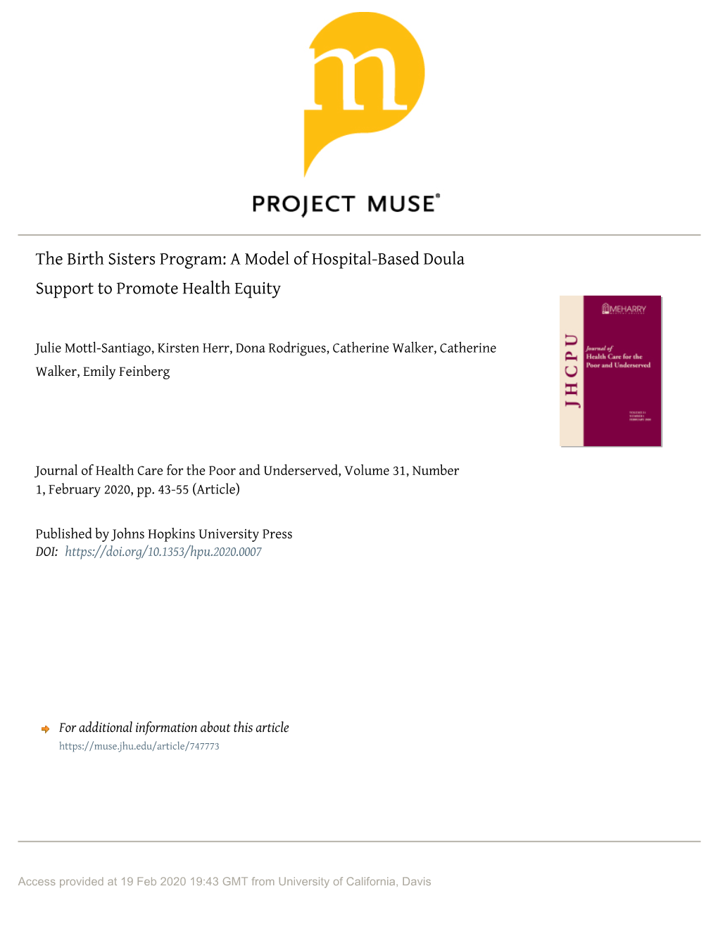 The Birth Sisters Program: a Model of Hospital-Based Doula Support to Promote Health Equity