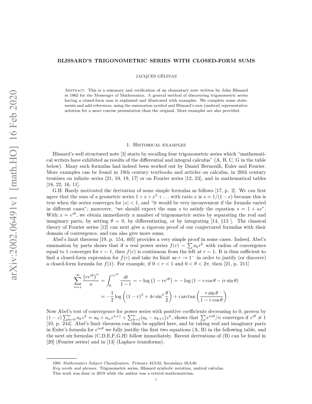 Blissard's Trigonometric Series with Closed-Form Sums