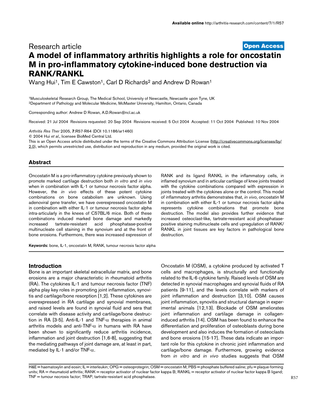 A Model of Inflammatory Arthritis Highlights a Role for Oncostatin M In