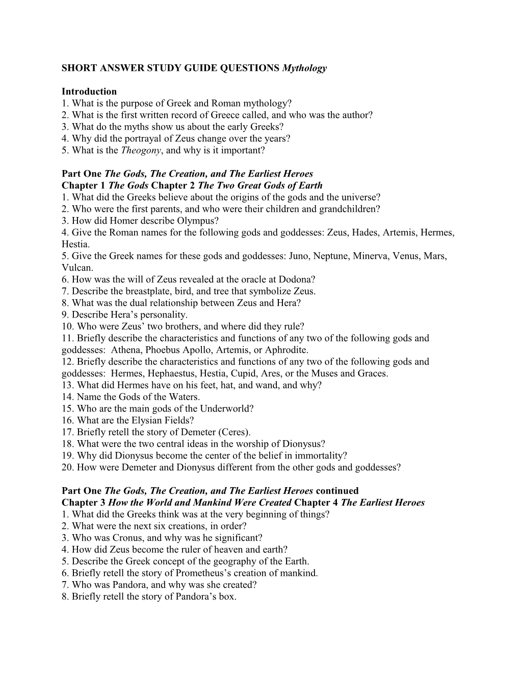 SHORT ANSWER STUDY GUIDE QUESTIONS Mythology