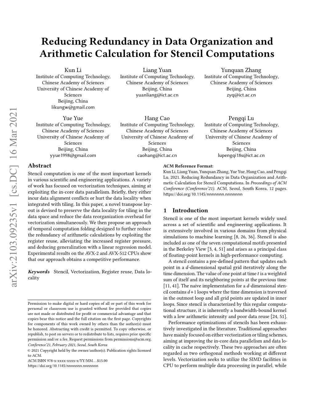 Reducing Redundancy in Data Organization and Arithmetic Calculation for Stencil Computations