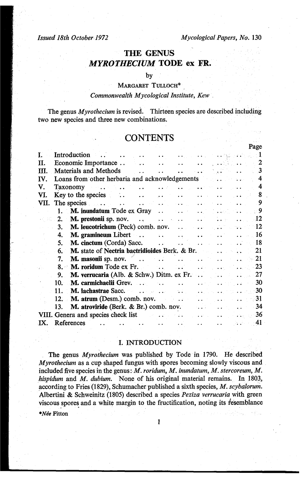 THE GENUS MYROTHECIUM TODE Ex FR. CONTENTS