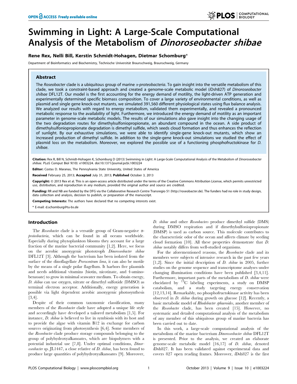 A Large-Scale Computational Analysis of the Metabolism of Dinoroseobacter Shibae