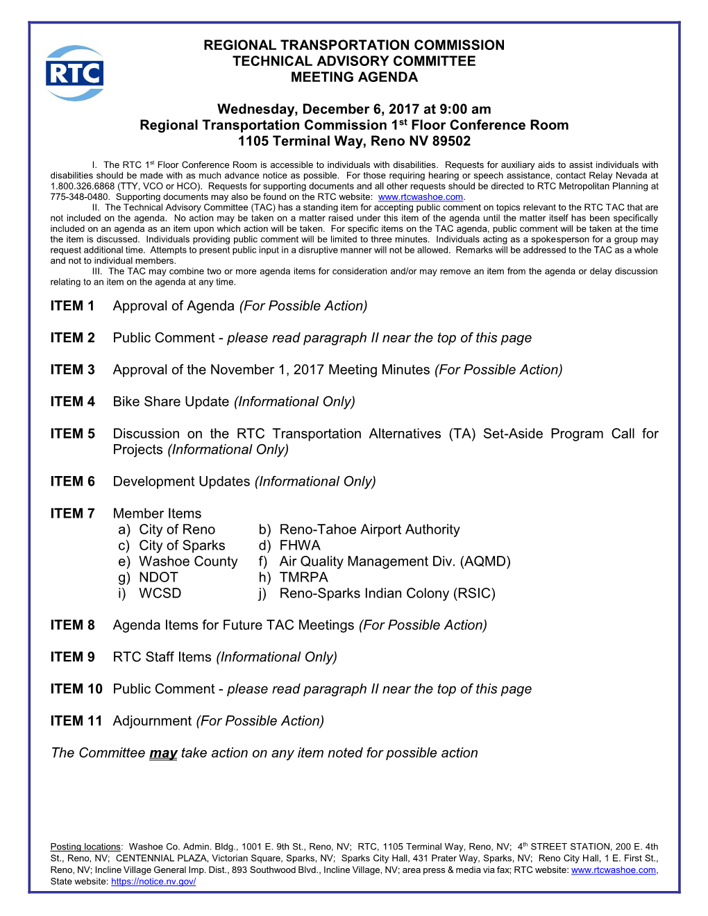 Regional Transportation Commission Technical Advisory Committee Meeting Agenda