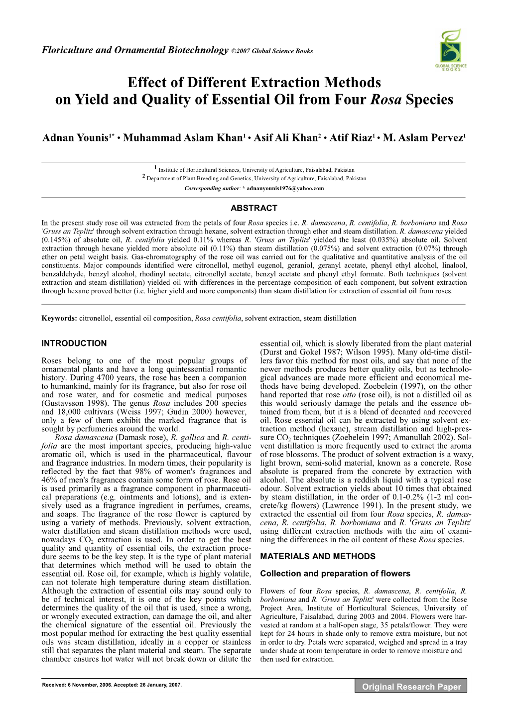 Effect of Different Extraction Methods on Yield and Quality of Essential Oil from Four Rosa Species